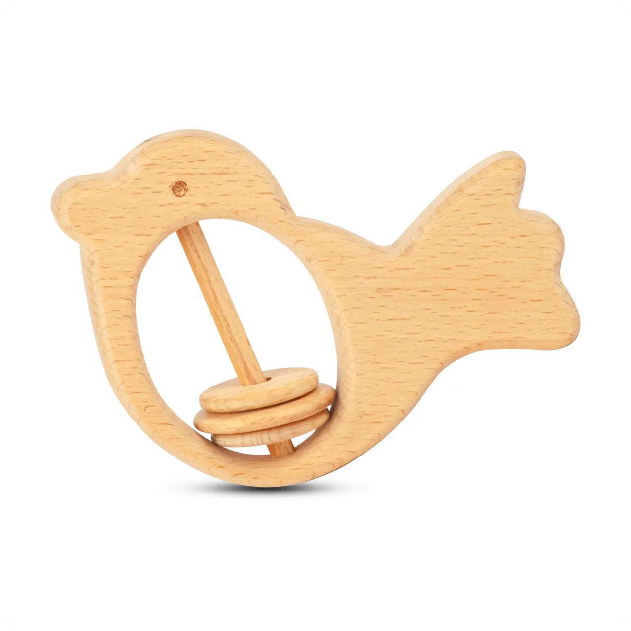 01 Bird-shaped wooden baby rattle with moving rings on a white background.