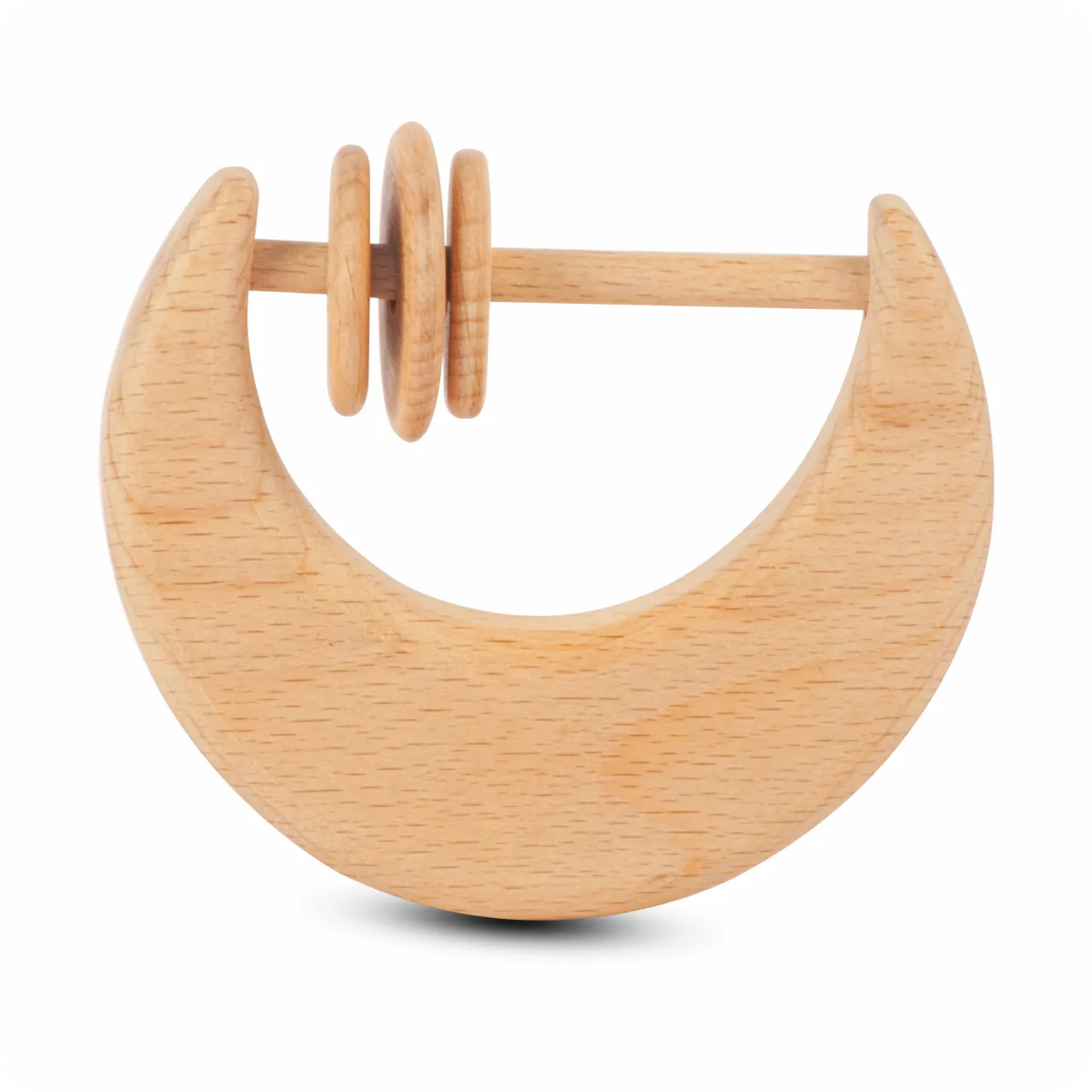 01 Natural beechwood moon-shaped baby rattle with three interactive sliding rings.