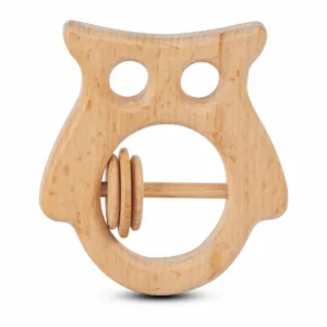Minimalist wooden owl rattle toy for infants.