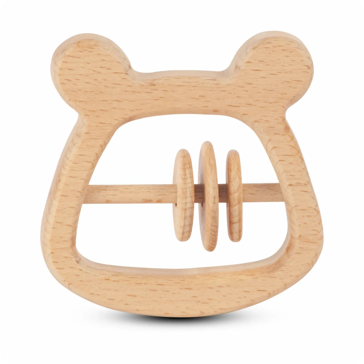 01 Panda-shaped natural beechwood baby rattle with three interactive sliding rings.