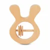 Rabbit-shaped natural wooden baby rattle with three sliding rings.