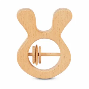 Rabbit-shaped natural wooden baby rattle with three sliding rings.