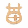 Reindeer-shaped natural wooden baby rattle with three sliding rings.