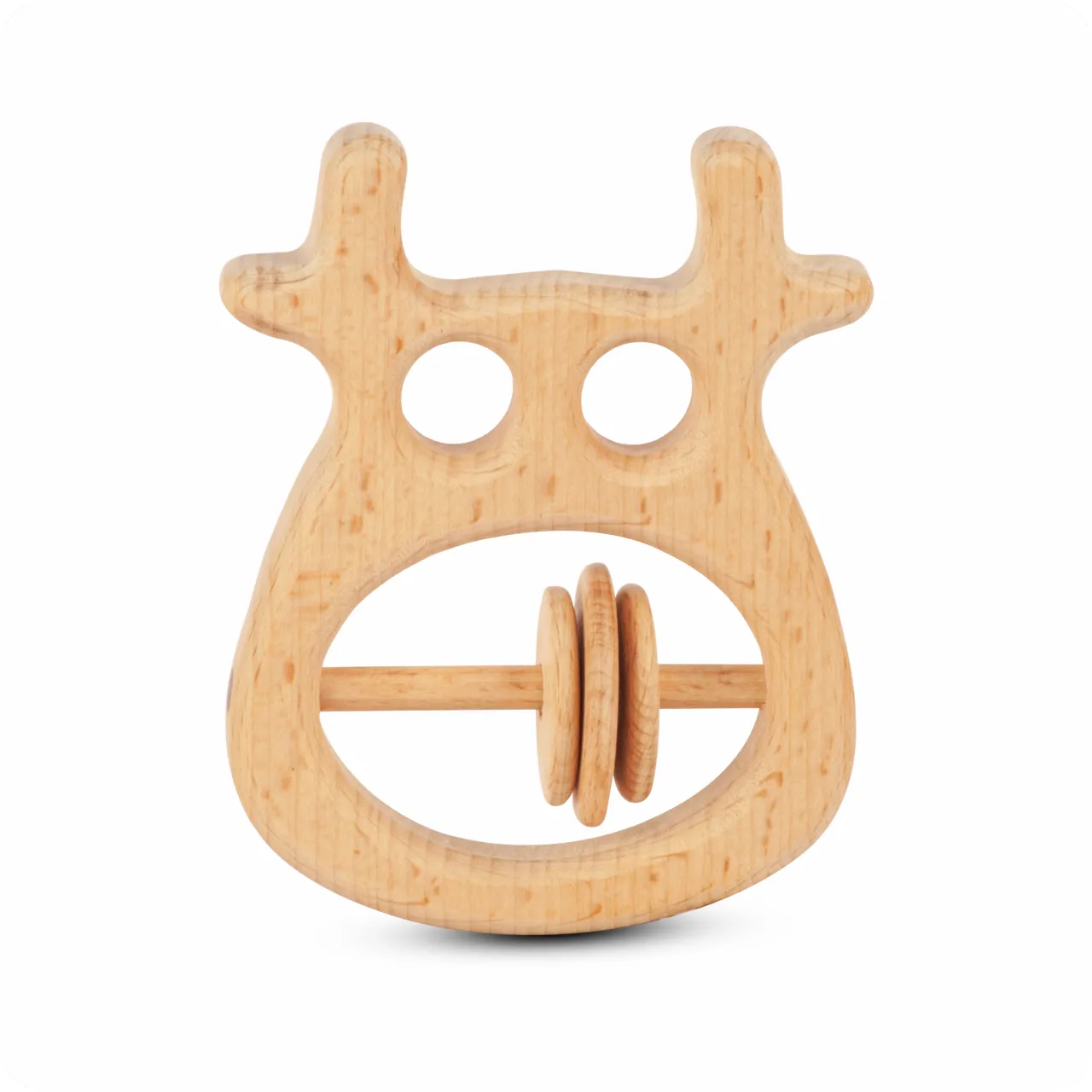 01 Reindeer-shaped natural wooden baby rattle with three sliding rings.