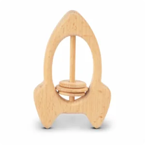 Natural rocket-shaped wooden baby rattle with three sliding rings.