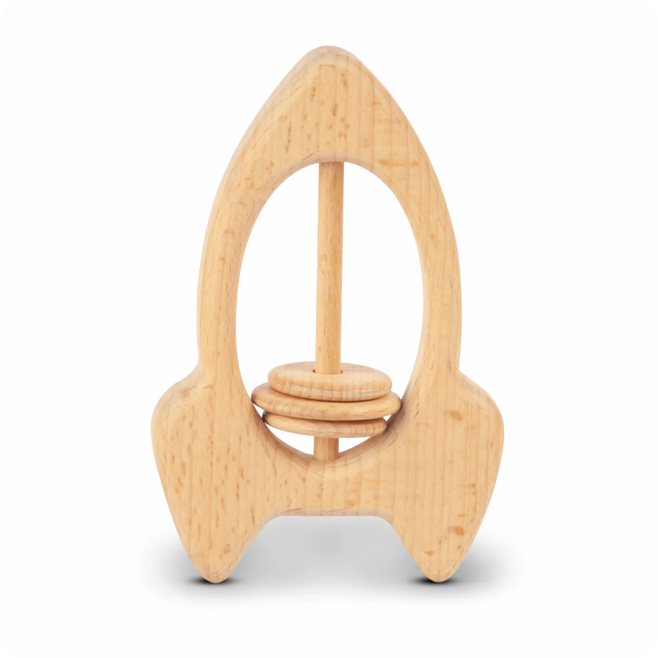 01 Natural rocket-shaped wooden baby rattle with three sliding rings.