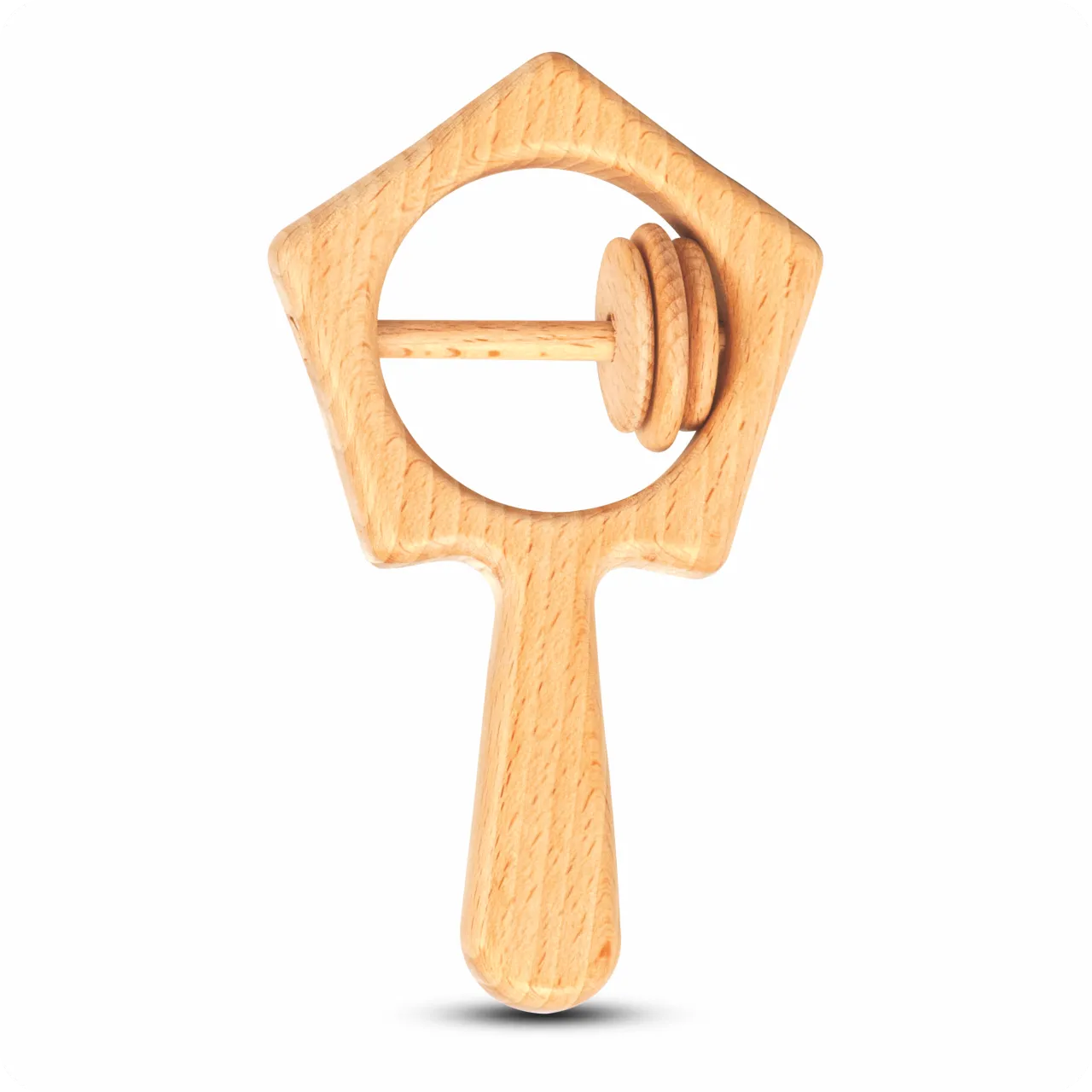 01 Pentagonal star-shaped natural wooden baby rattle with interactive sliding rings.