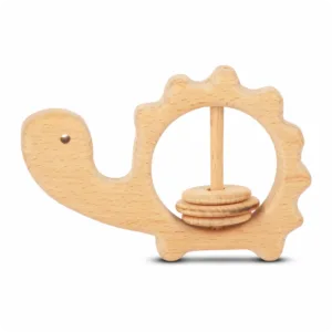 Natural beechwood turtle-shaped baby rattle with three interactive sliding rings.