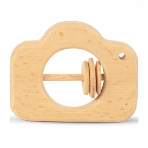 Natural wooden camera-shaped baby rattle with interactive sliding rings.