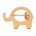01 Natural beechwood elephant-shaped baby rattle with sliding rings.