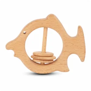 Natural beechwood fish-shaped baby rattle with three sliding rings.