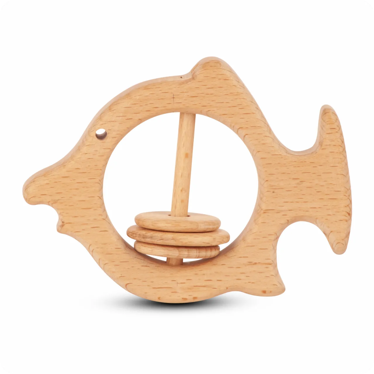 01 Natural beechwood fish-shaped baby rattle with three sliding rings.
