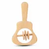 Natural wood acoustic guitar-shaped baby rattle with three central sliding rings.