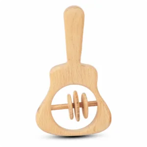 Natural wood acoustic guitar-shaped baby rattle with three central sliding rings.