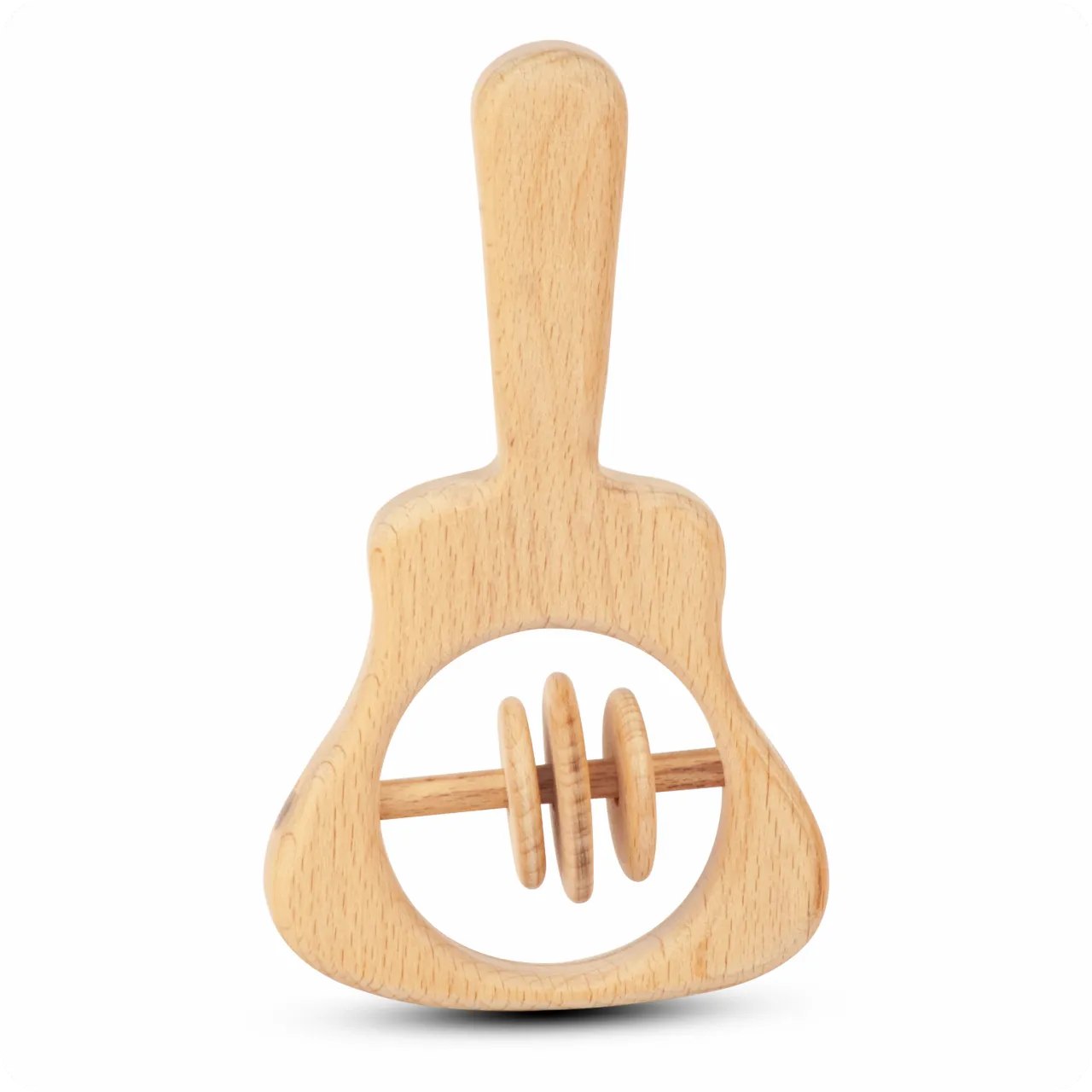 01 Natural wood acoustic guitar-shaped baby rattle with three central sliding rings.