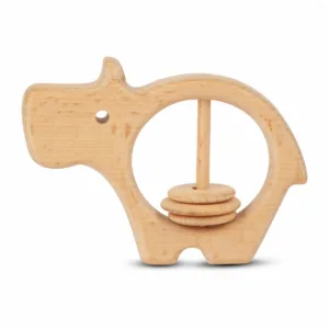 Natural wooden hippo-shaped baby rattle with three sliding rings for sensory play