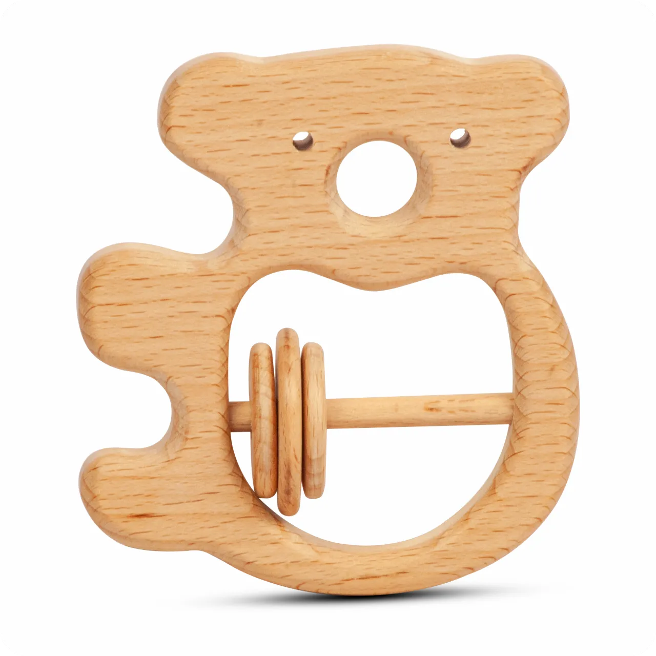 01 Koala-shaped natural wooden baby rattle with three interactive sliding rings.