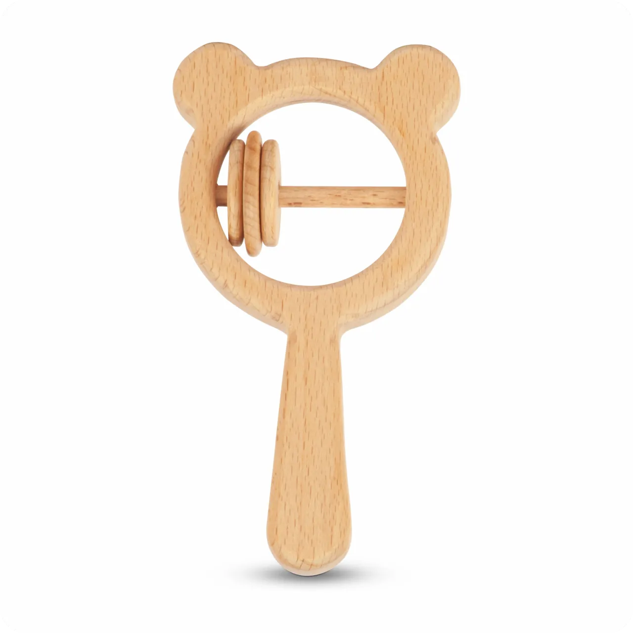 01 Bear-shaped wooden baby rattle with three sliding rings.