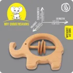 02 (1) Size infographic showing the 124 mm length and 90 mm height of the wooden elephant rattle.