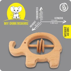Size infographic showing the 124 mm length and 90 mm height of the wooden elephant rattle.