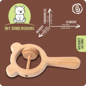Diagram showing dimensions of the bear wooden rattle: 144mm length, 85mm height.