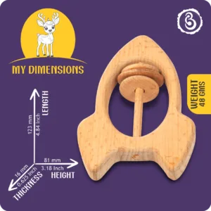 Diagram showing the length, height, and thickness of the wooden rocket rattle.