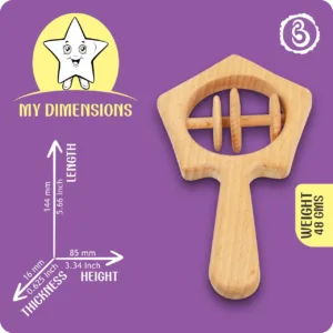 Dimension guide for the star rattle showing 144 mm length and 85 mm height.