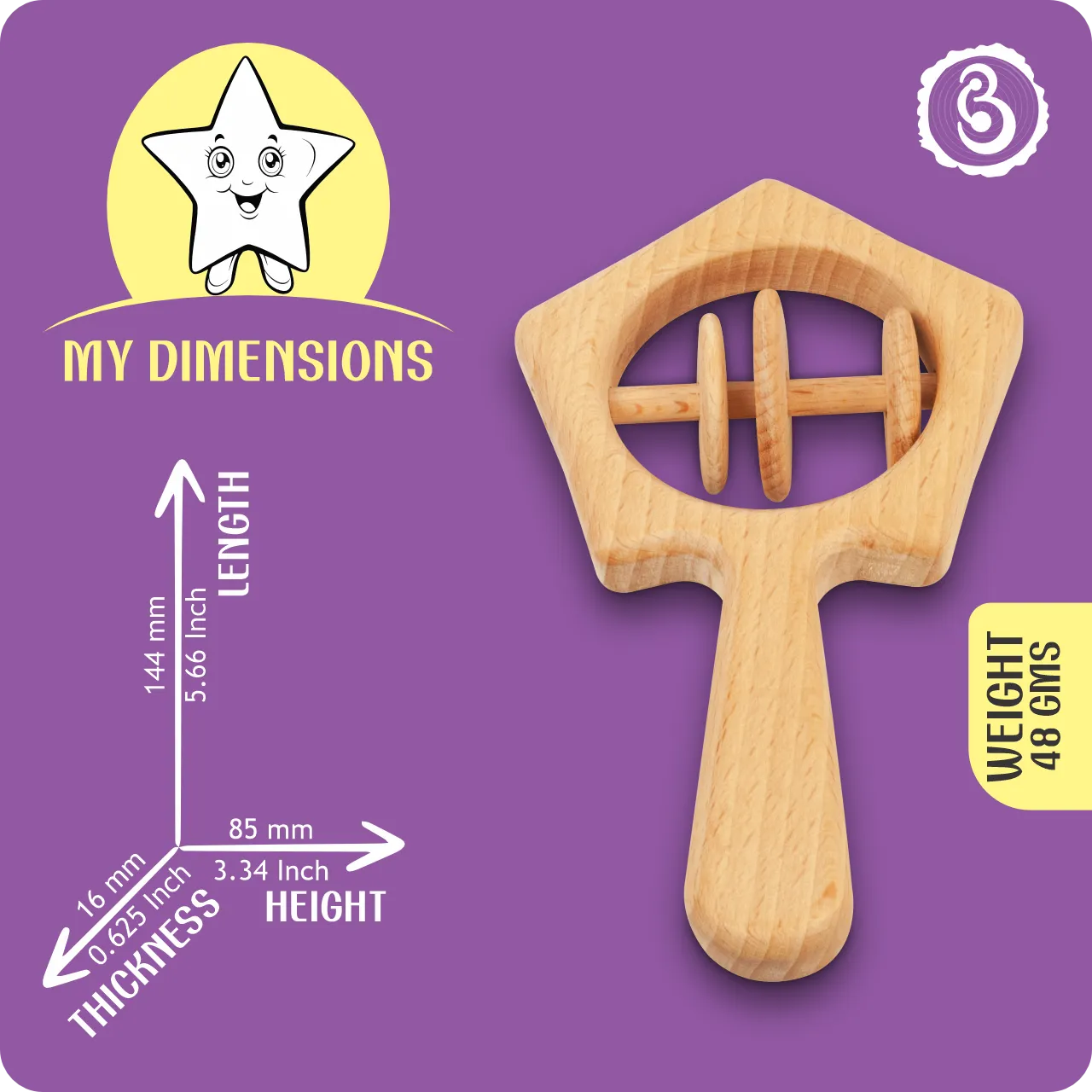 02 (1) Dimension guide for the star rattle showing 144 mm length and 85 mm height.