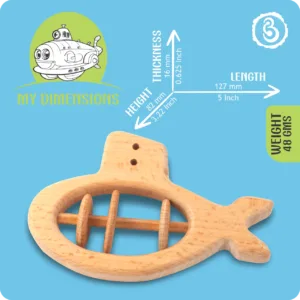 Dimensions and weight infographic for the wooden submarine rattle.