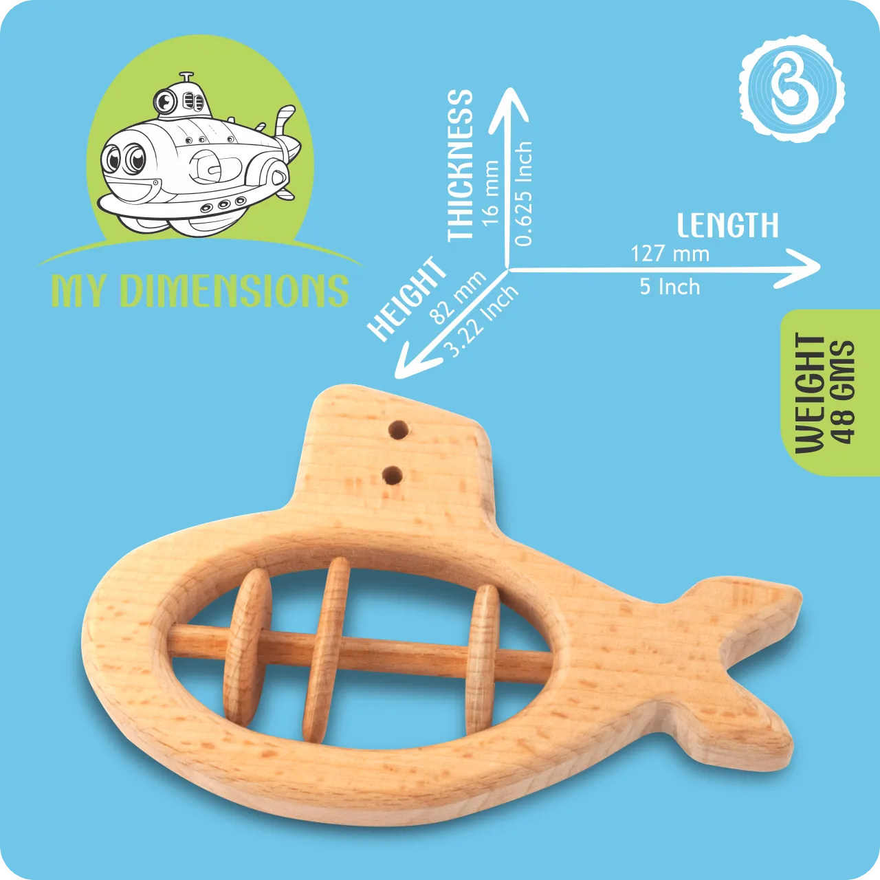 02 (1) Dimensions and weight infographic for the wooden submarine rattle.