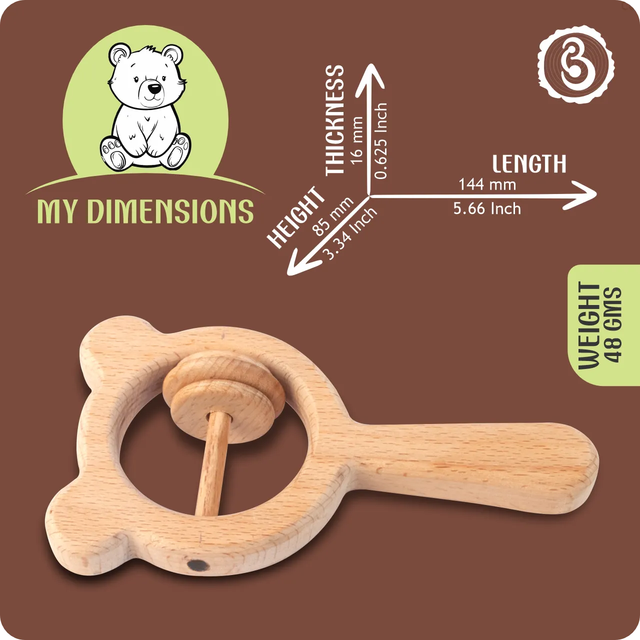 02 (1) Diagram showing dimensions of the bear wooden rattle: 144mm length, 85mm height.