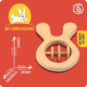 Size infographic for the rabbit rattle showing 114mm length and 90mm height.