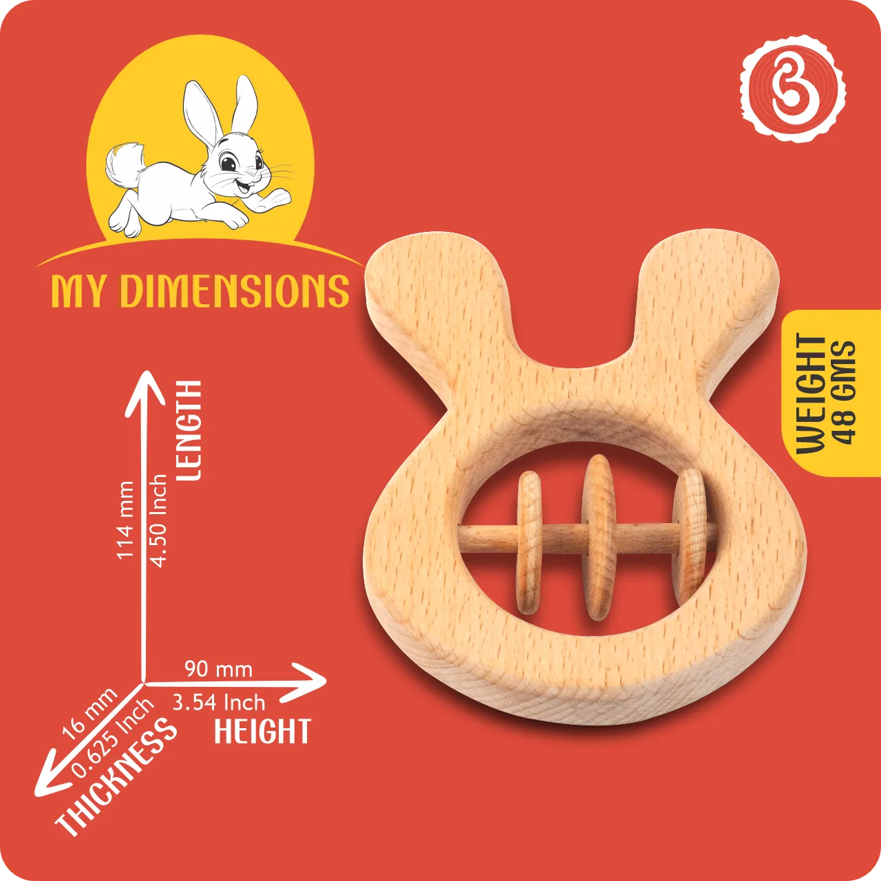 02 Size infographic for the rabbit rattle showing 114mm length and 90mm height.