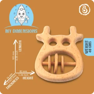 Product dimensions for the reindeer rattle showing length, height, thickness, and weight.