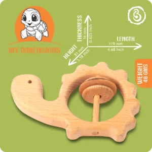 Dimension infographic for the turtle rattle showing 119mm length and 81mm height.