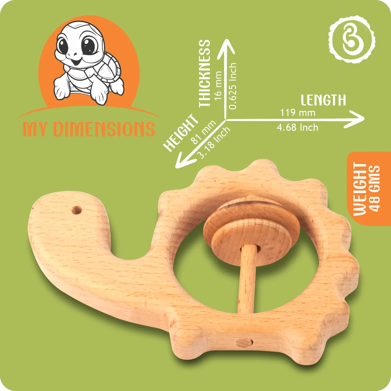 02 Dimension infographic for the turtle rattle showing 119mm length and 81mm height.