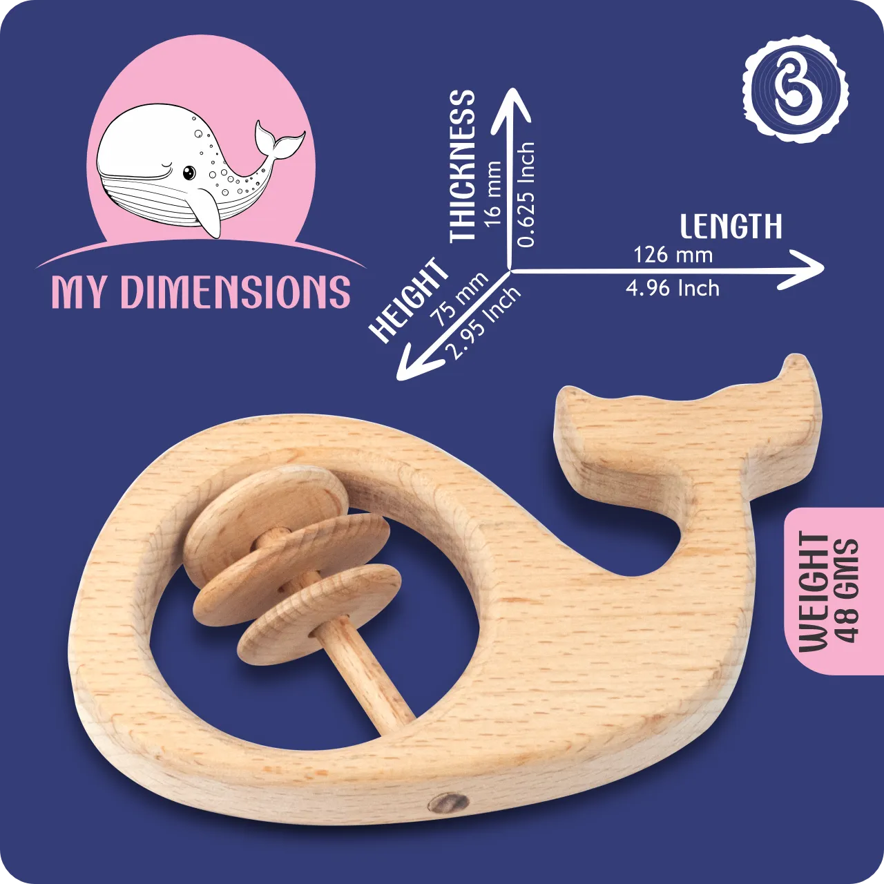 02 Size and weight dimensions of the lightweight wooden whale baby rattle toy.