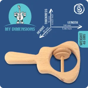 Dimension infographic for the guitar rattle showing 144 mm length and 85 mm height.