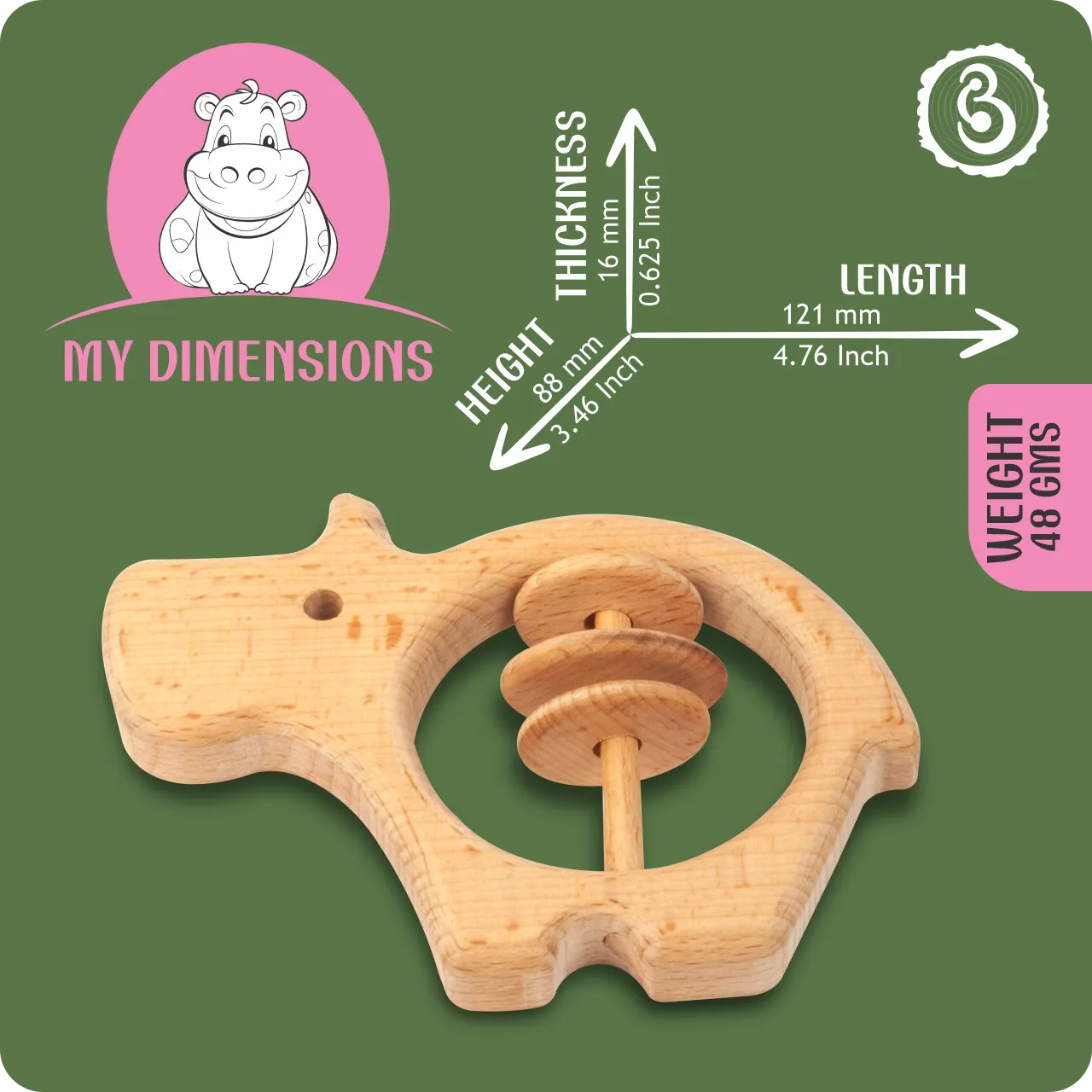 02 Dimension infographic for the hippo rattle showing 121 mm length and 88 mm height.