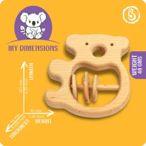 Size and weight infographic for the wooden koala rattle showing 103 mm length and 93 mm height.