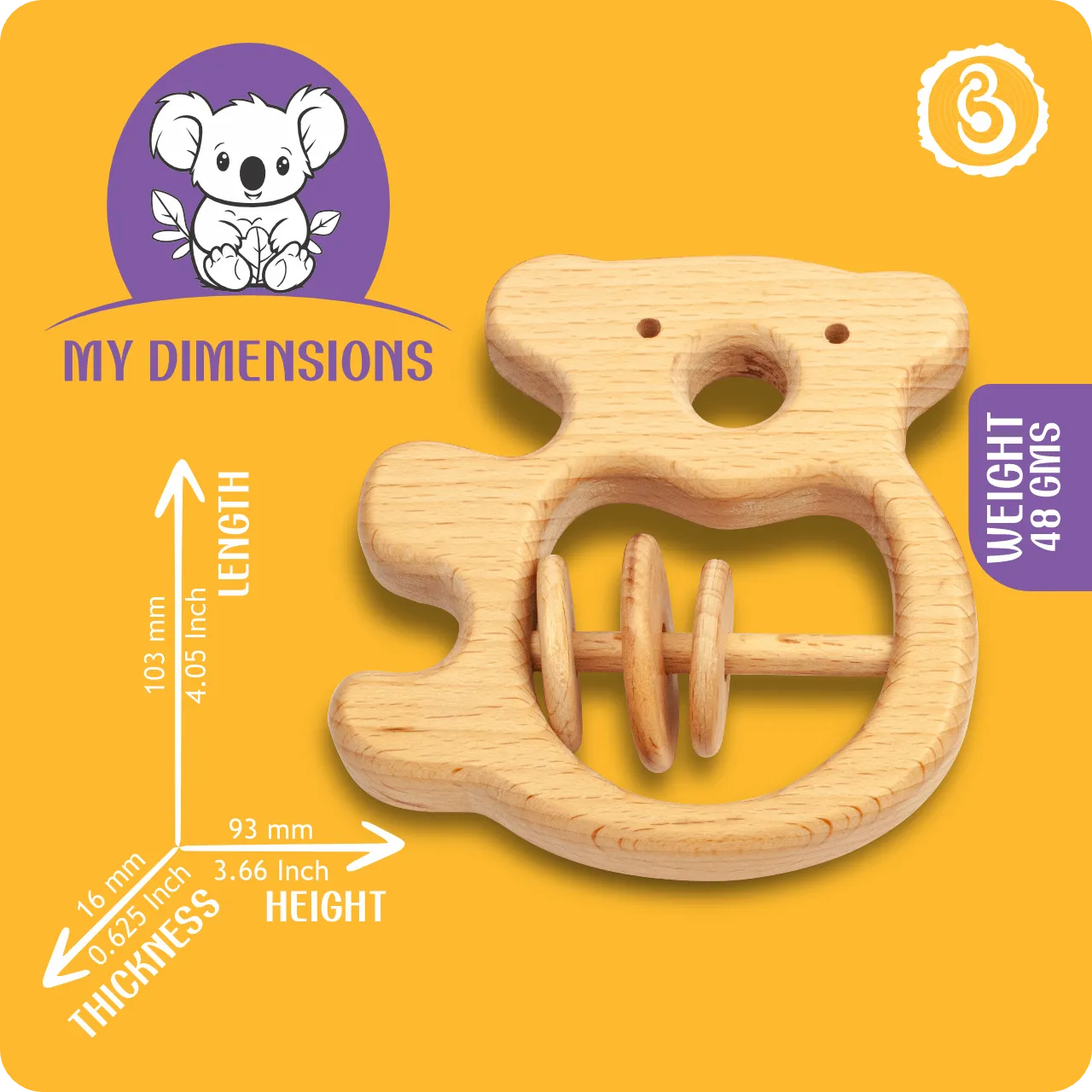 02 Size and weight infographic for the wooden koala rattle showing 103 mm length and 93 mm height.