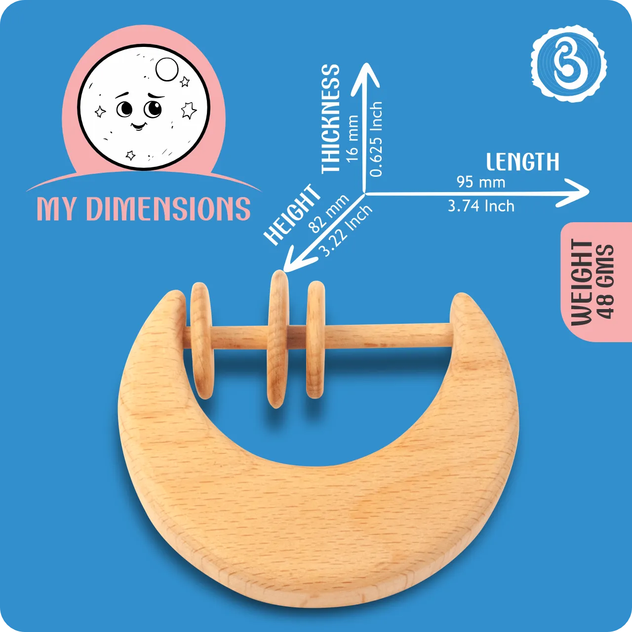 02 Infographic showing the 95 mm length and 82 mm height of the wooden moon rattle.