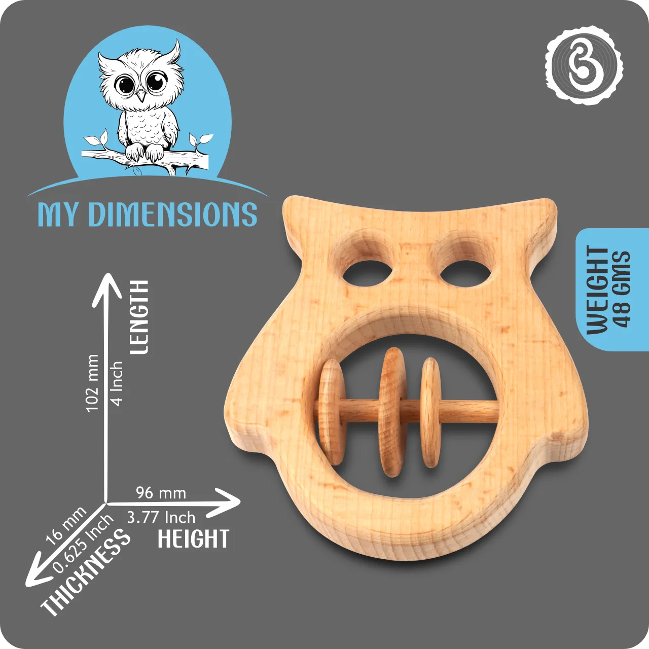 02 Infographic showing dimensions and weight of the wooden owl rattle.