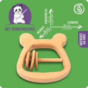 Size infographic for the panda rattle showing 86mm length and 86mm height.