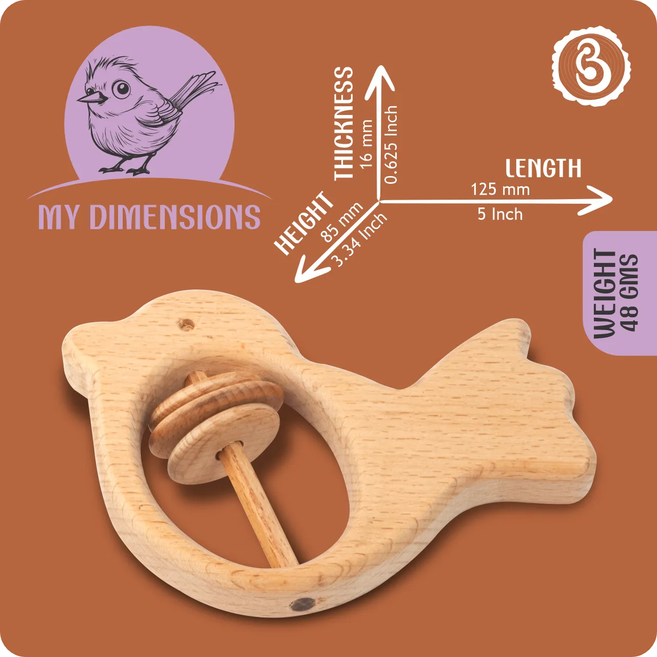 02 Dimensions and weight chart for the wooden bird rattle toy.