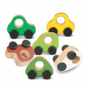 Six colorful wooden toy cars scattered on a white background.