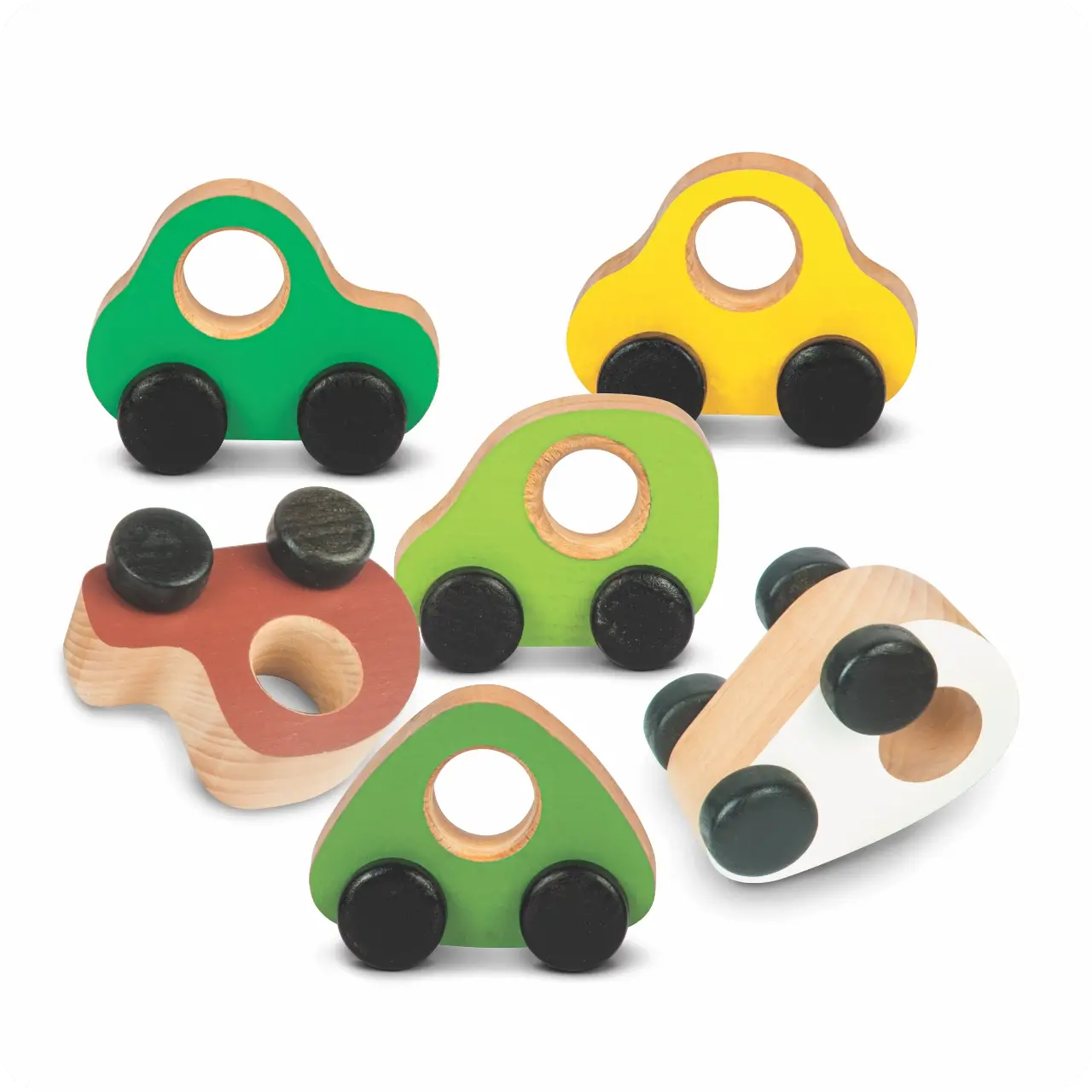 02mbs_01 Six colorful wooden toy cars scattered on a white background.