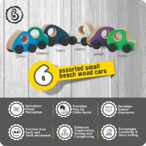 Six wooden cars in cool tones with developmental benefit icons.