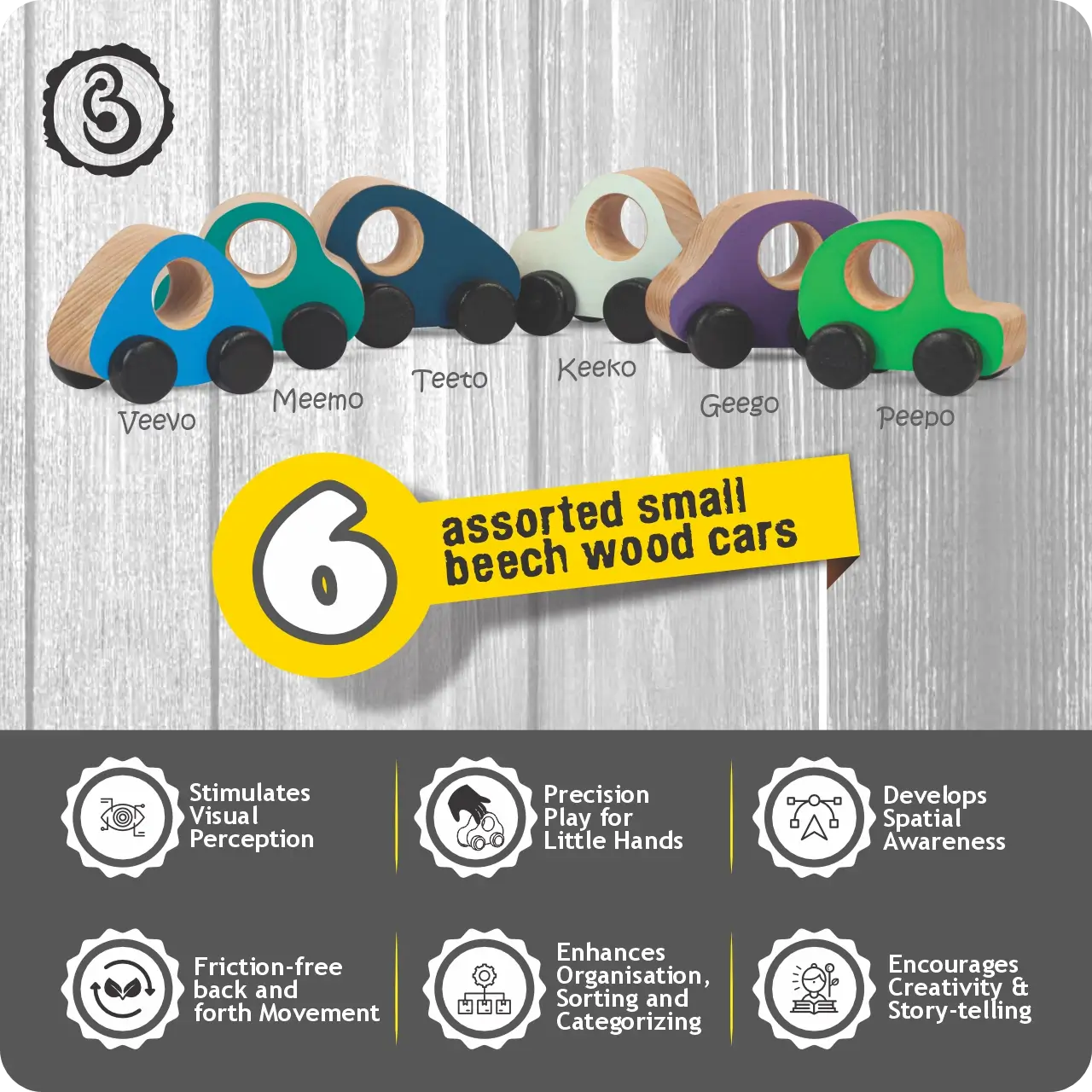 02mbs_02 Six wooden cars in cool tones with developmental benefit icons.