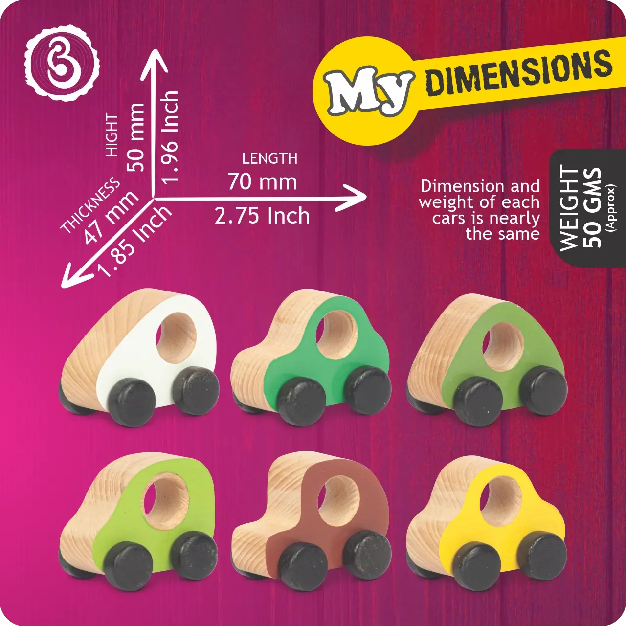 02mbs_03 Diagram showing the dimensions and weight of a wooden toy car.